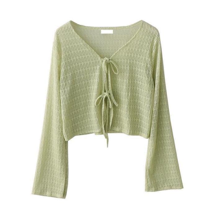 

Женская легкая блузка с длинным рукавом Фитнес Y2k Шнуровка Чистая нежная летняя с вырезами Харадзюку Эстетика Французский стиль Студенты One Size зелёный