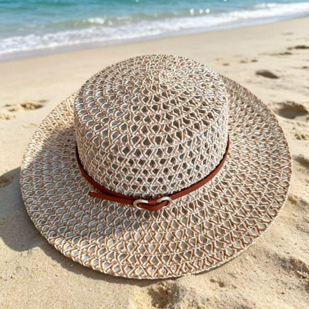 Woven Straw Hat Hollow Out Flat Brim Hat French Retro Style Flat Top Hat  Coastal Trip