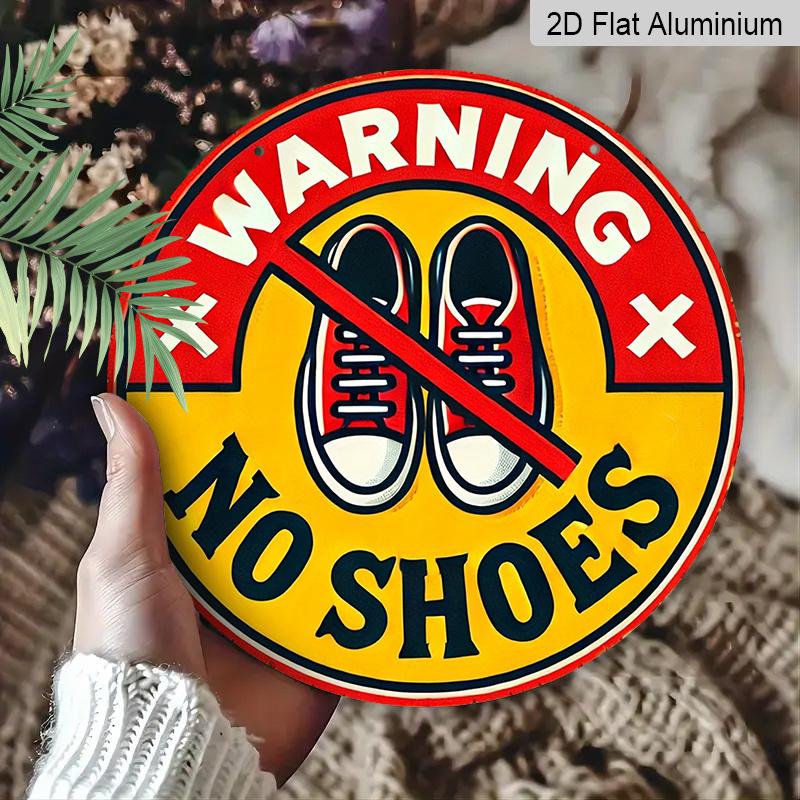 2D Flat, 1pc Round Warning No Shoes Aluminum Hanging Sign, Retro Red Yellow Remove Shoes Metal Wall Decor, Waterproof Door Sign for Home, Entryway
