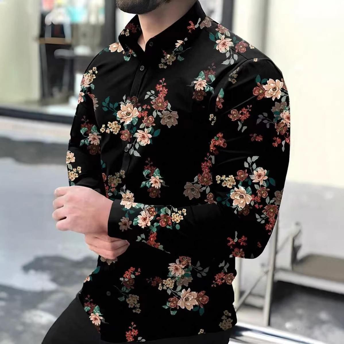 Men Fashion Casual Loose Long Sleeve 3d Floral Print Shirt S