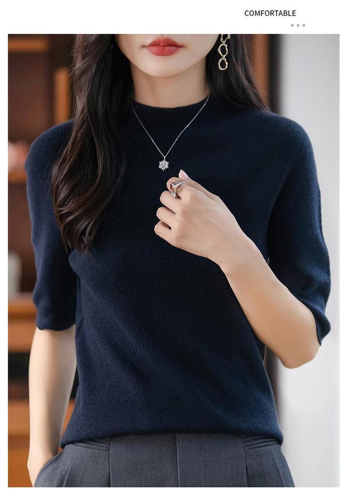 Women's Mid-Sleeve Knit Sweater - Slimming, Half-High Collar for Spring & Fall Fashion