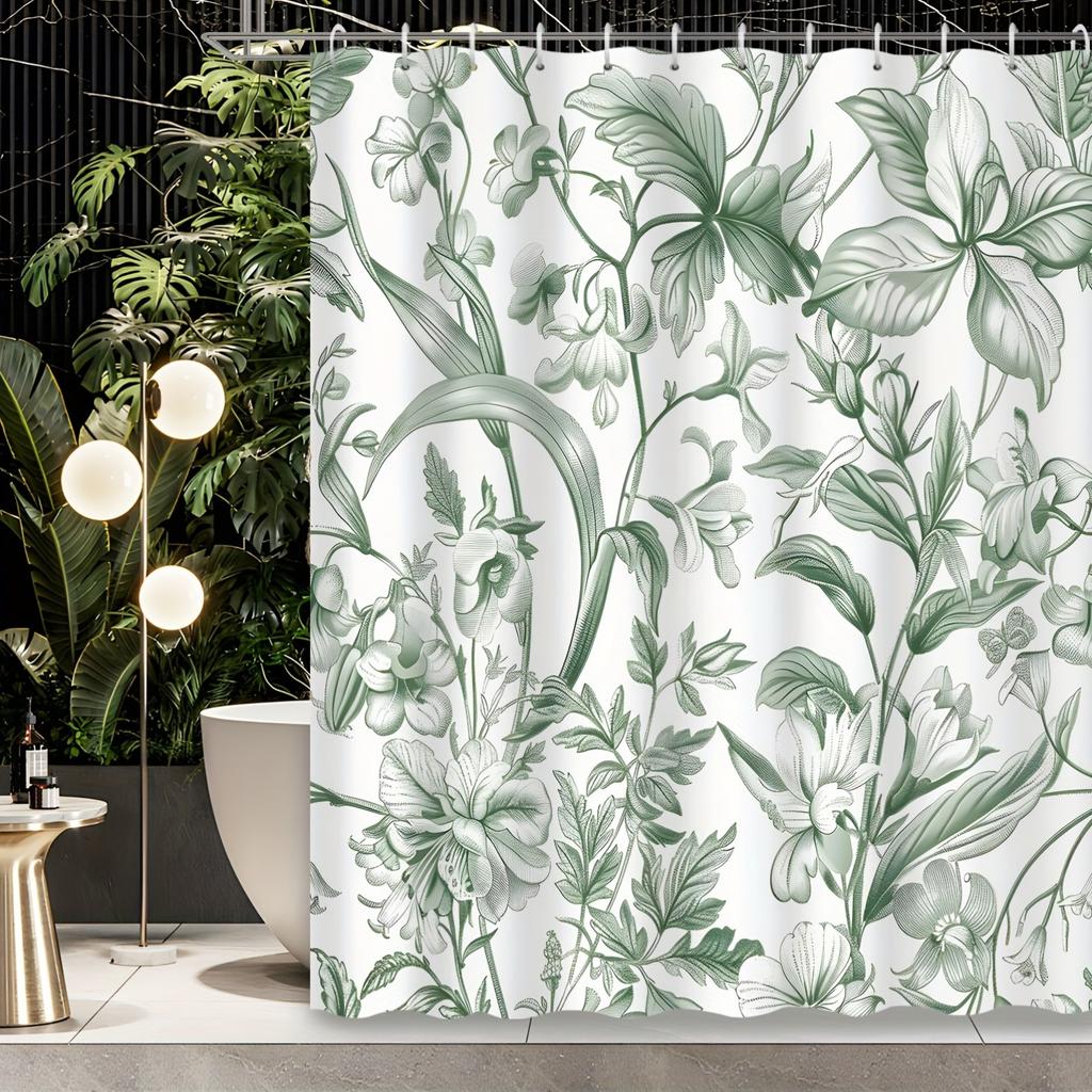 1 Pack Vintage Botanical Floral Pattern Green Elegant Floral Plant Leaf Shower Curtain, Polyester Fabric, Machine Washable