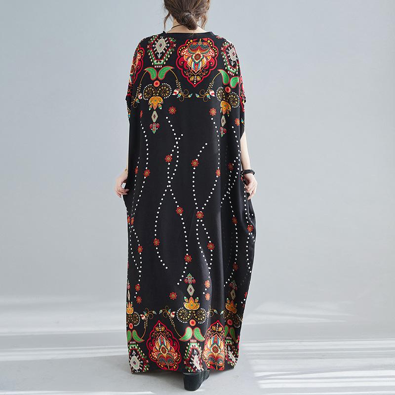 Summer Literature Plus Loose Cotton Silk Printed V-neck Short Sleeved Dress Women's Long Casual Dresses