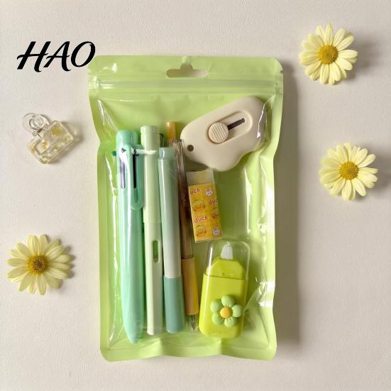 Portable Storage Stationery Case 7PCS Set, Macaron Color Gel Pens/Correction Tape/Cutter/Eraser Include, Learning Supplies Office Records with