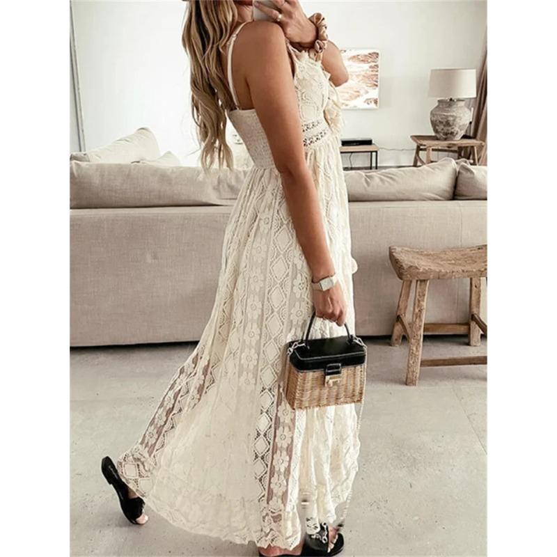 Fashion Women Lace White Long Dress Sleeveless V Neck Flowy Ruffle Dress Summer Bohemian Retro Sexy Beach Holiday Dresses