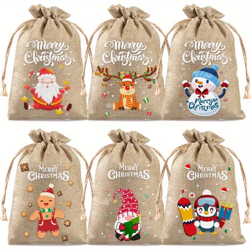 6/8pcs Small Jute Bags with Santa, Reindeer, Snowman & Christmas Tree Designs for Gift Wrapping, Christmas Decorations