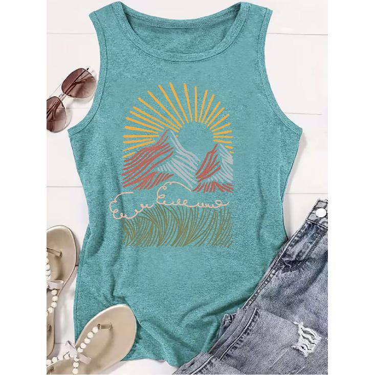 2026 New Abstract Line Mountain Sunrise Print Round Neck Women Sleeveless Tank Top Casual Versatile Comfort Summer Vest
