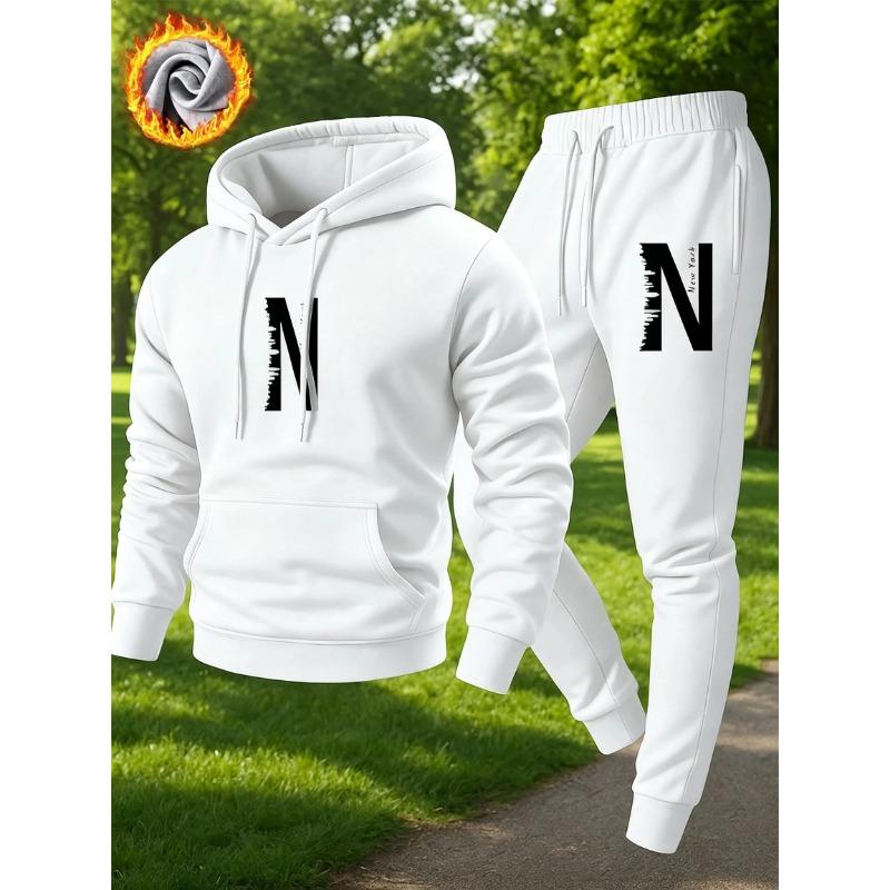 2026 N letter printed sportswear set men's hooded sweatshirt long pants set spring and autumn winter warm suit