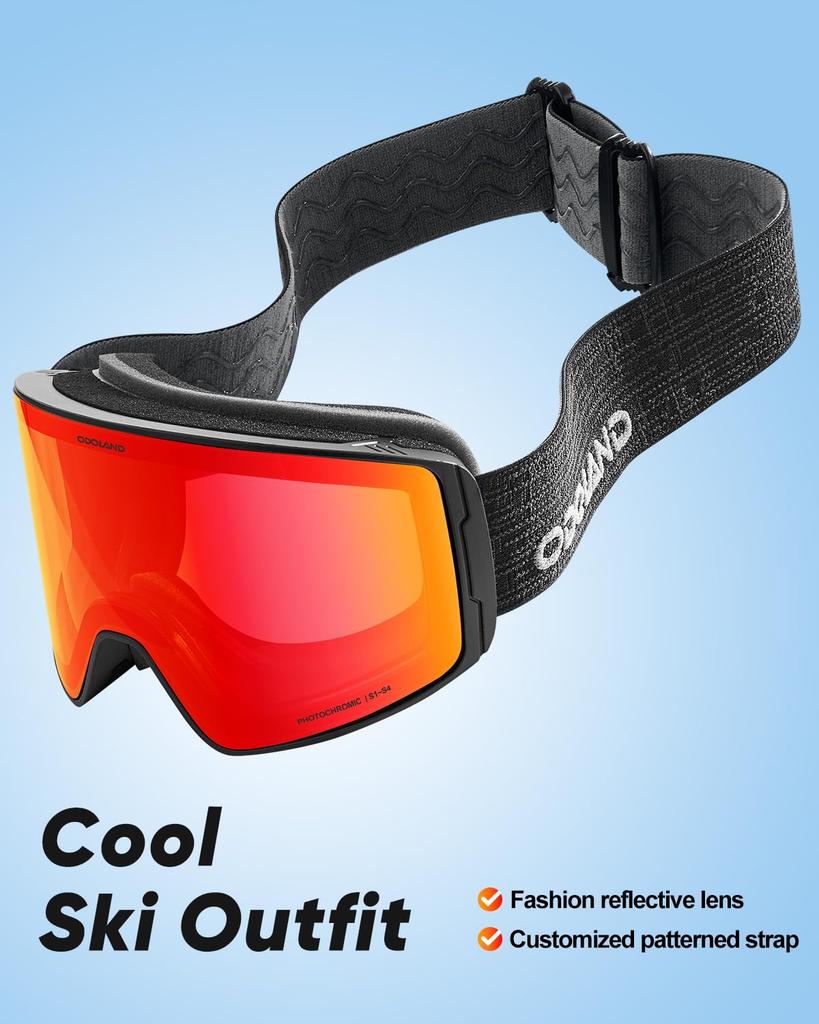 Odoland Photochromic Snow Goggles with Mirror OTG Glasses UV400 Automatic Impact Adult Size Color-Changing Lenses, Anti-Fog, Compatible, Protection,