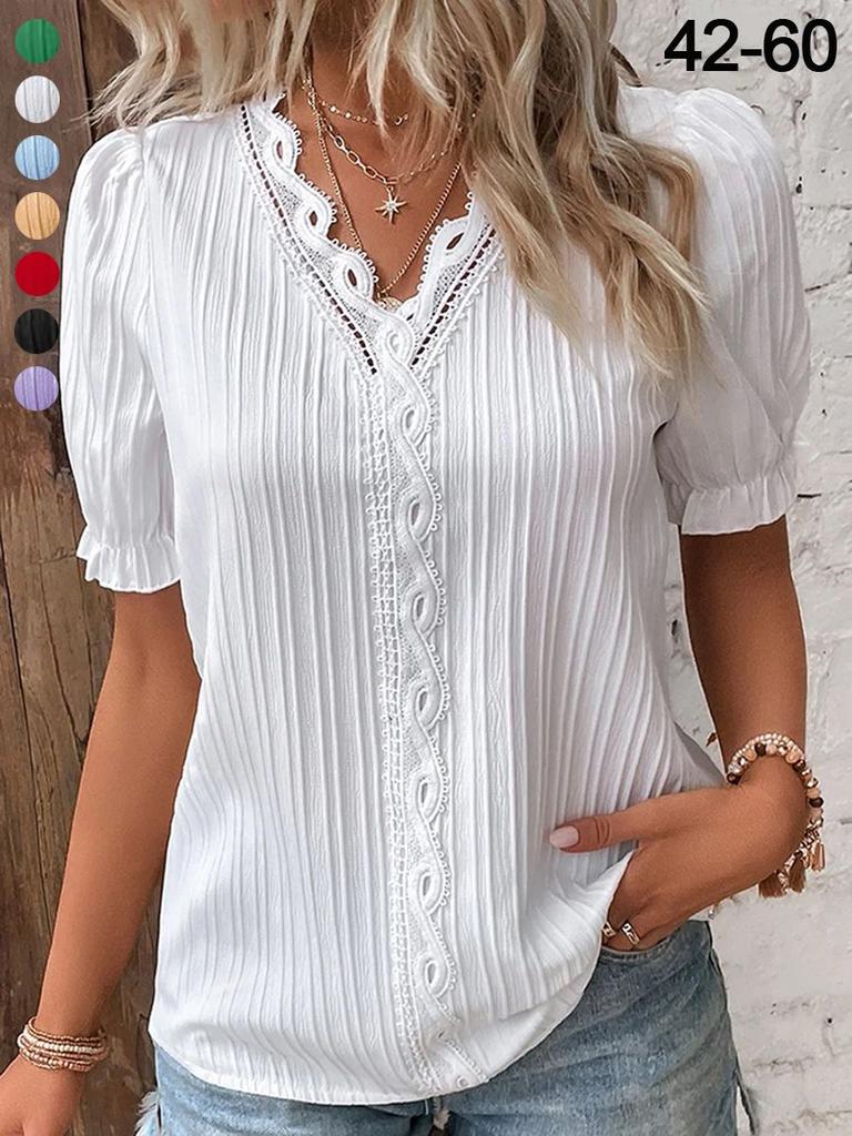 Women's Hollow Out Short Sleeve Blouse Lightweight Breathable Top Casual Summer Shirt with V Neck and Puff Sleeves Suitable for Daily Wear