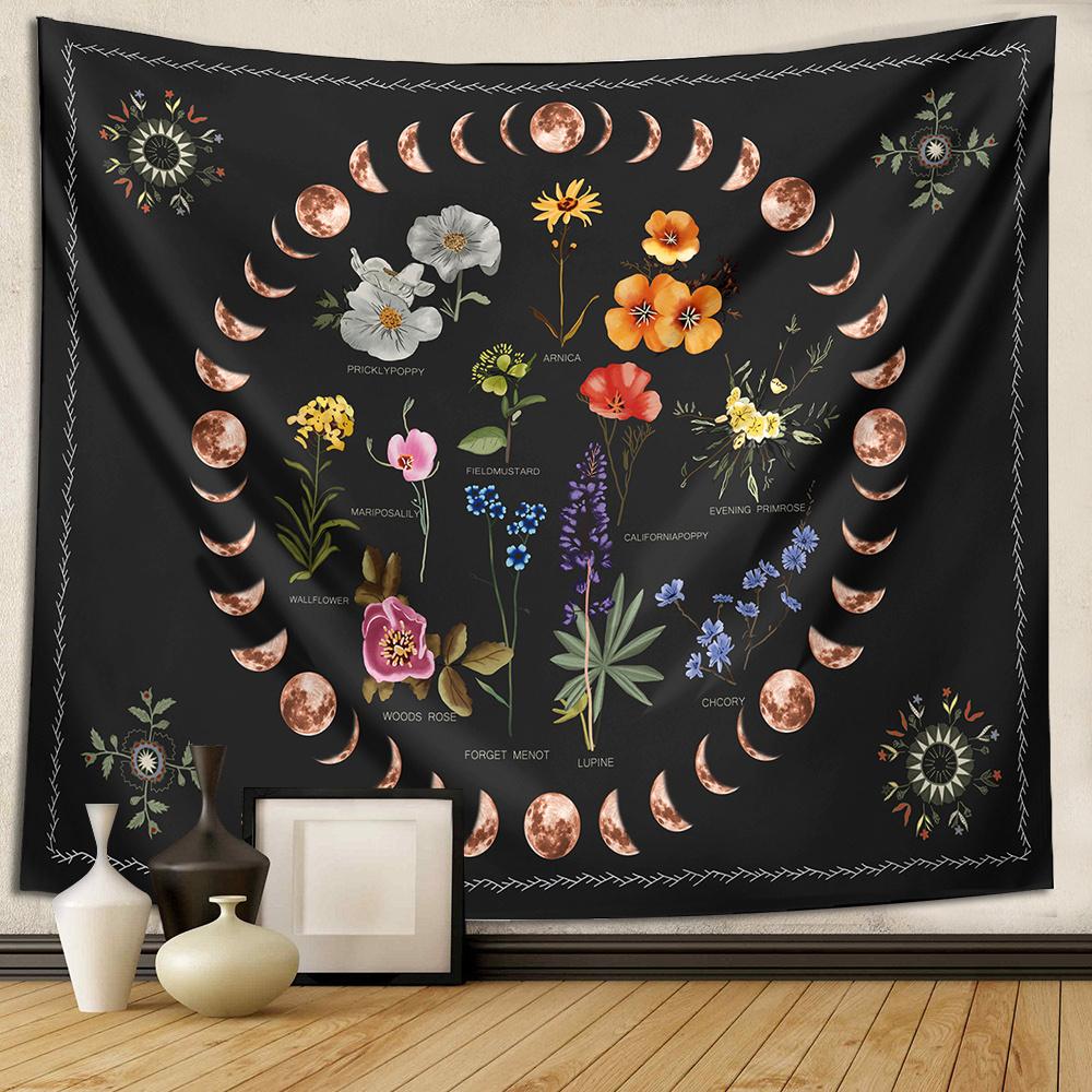 VIKAMA Bohemian Moon Phase Flower Tapestry Vintage Taro Style Wall Decoration Bedroom Living Room Sofa Background Wall Decor