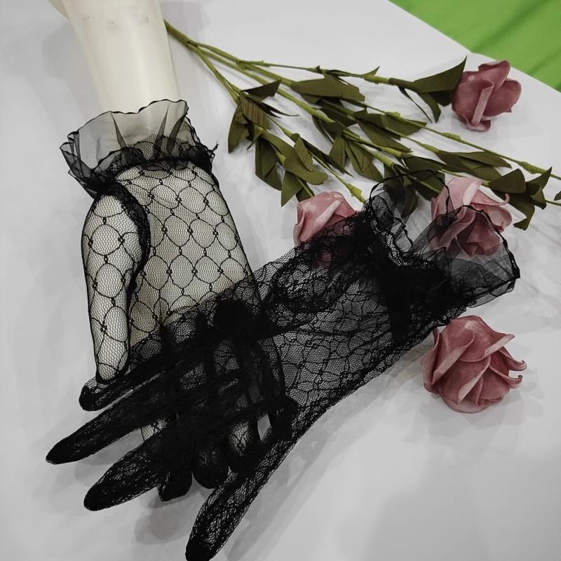 Black Banquet Short Gloves, Wedding Dress Lace Mesh Gala Tea Party Lotia Lolita Gloves