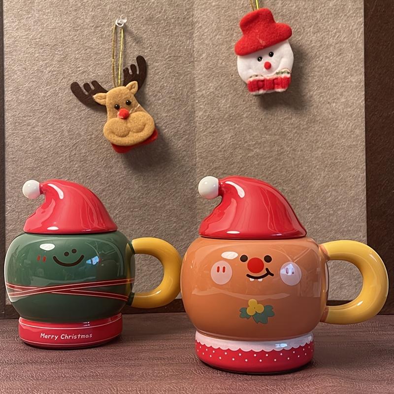 Festive Green/Orange Christmas Cups , Hand Wash Only, Insulated Ceramic with Santa and Reindeer Designs, Non Slip, Reusable for Hot and Cold Drinks