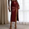 Midi Skirt High Waist Artificial Leather Hip Skirt with Slit Design Pure Color Slimming Fit Office Lady Skirt Work Leisure Daily Wear