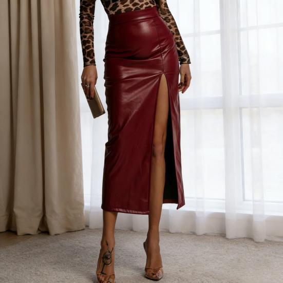 Midi Skirt High Waist Artificial Leather Hip Skirt with Slit Design Pure Color Slimming Fit Office Lady Skirt Work Leisure Daily Wear