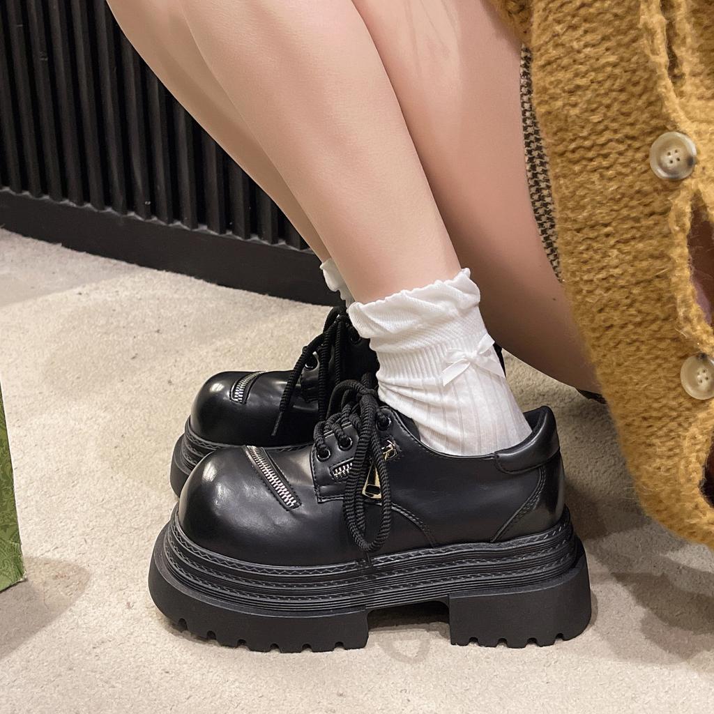 Fashionable British style butterfly bow  early spring new JK flat height retro thick sole thick heel small leather shoes