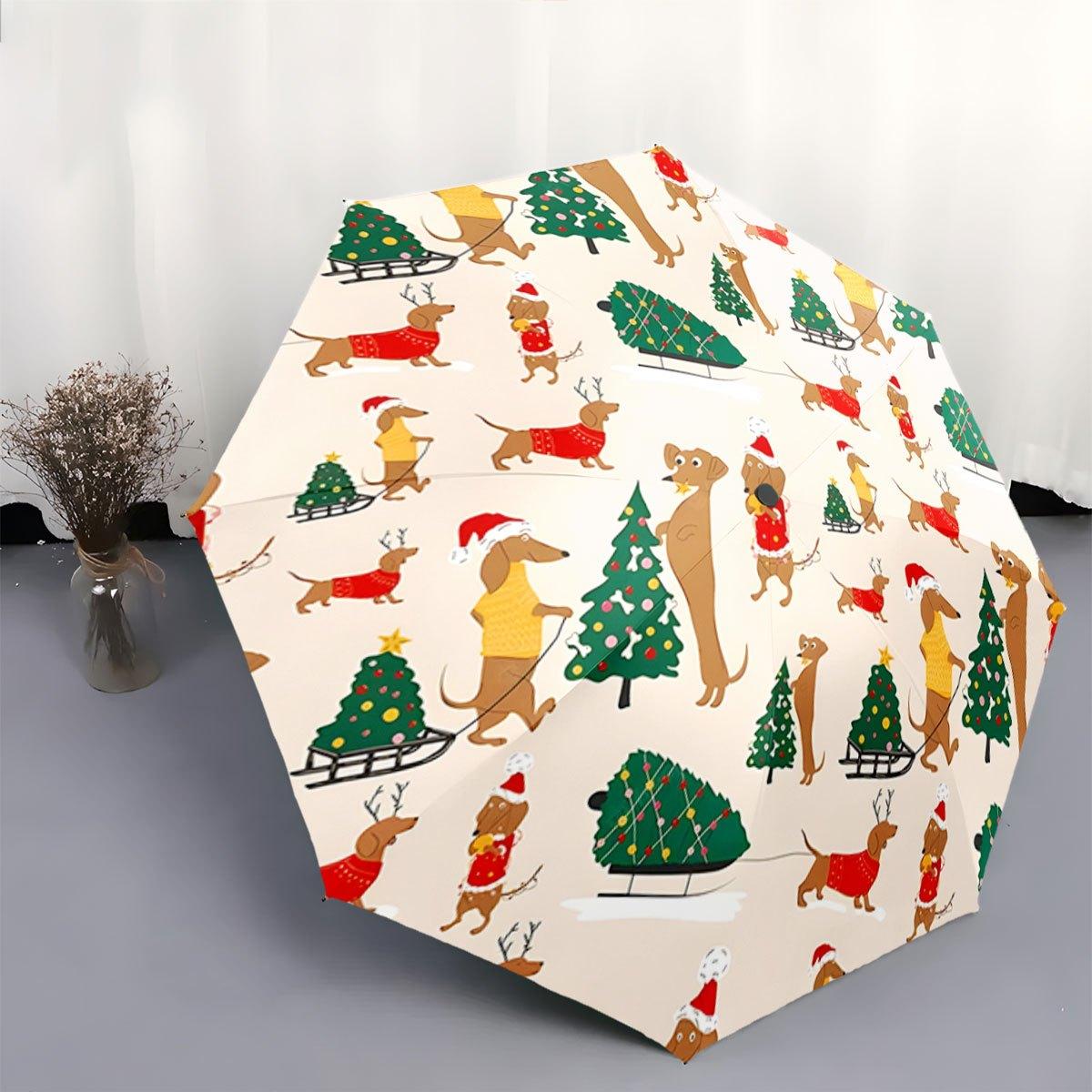 

Automatic Folding Umbrella with Dachshund Dogs in Christmas Outfits & Trees - 8-Rib Collapsible Design, Portable Outdoor Acces (as the picture,Iron&8K)