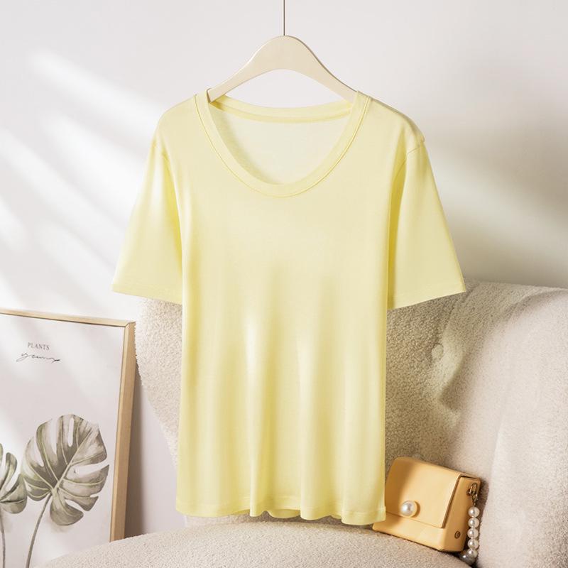 2026 Hangzhou Women's Mulberry Silk Lyocell U-Neck Tee - Lightweight, Breathable, Short-Sleeved Summer Fashion