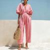 Women’s V Neck Short Sleeve Jumpsuit with Adjustable Waist Tie Loose Fit Wide Leg Romper Casual Wear