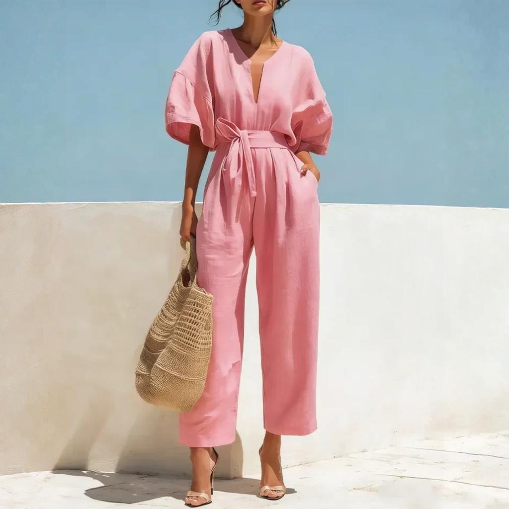 Women’s V Neck Short Sleeve Jumpsuit with Adjustable Waist Tie Loose Fit Wide Leg Romper Casual Wear