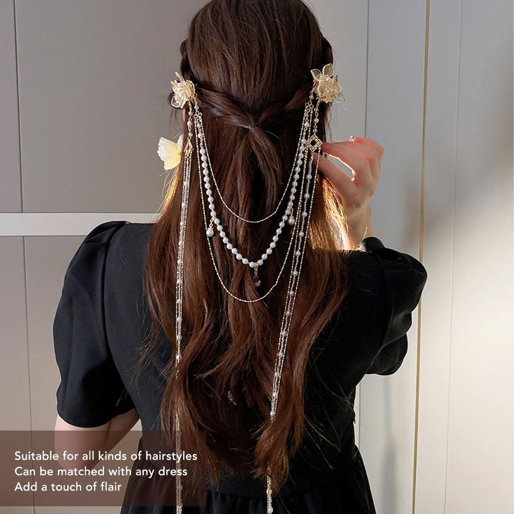Long Tassel Artificial Pearls Hair Clip Pearl Chain Flower Hair Clip  Everyday Wear