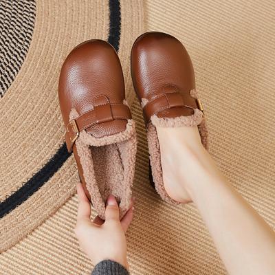 Baotou Hausschuhe Damen Retro Samt Warme Hausschuhe Damen Echtes Leder Mittleren Alters Ältere Damenschuhe Lammwolle Halbschuh