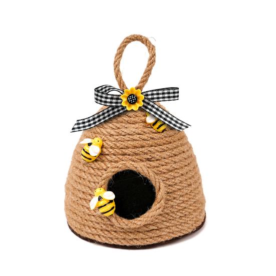 Woven Rope Bee Hive Hanging Ornament Handmade Rustic Pendant with Sunflower And Bowknot for Bedroom Living Room Farmhouse Spring Party Decor