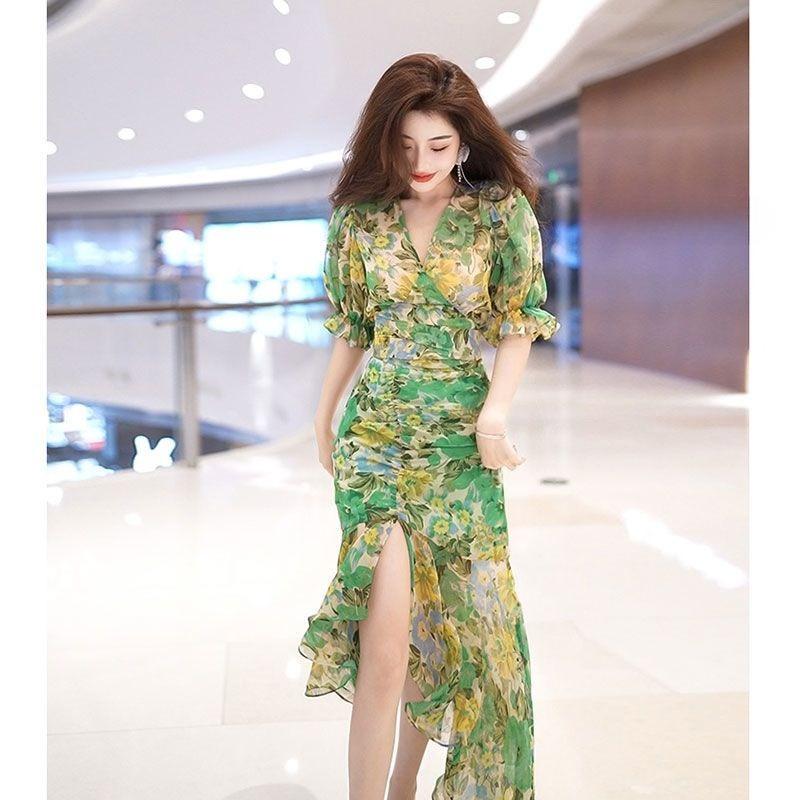 Summer Fashion High End Temperament Waist Cinching Dress Light Luxury Premium Dark Green Printed Casual Dress