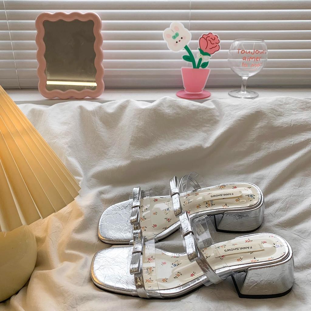 Fashion Slippers Casual Summer Women's Shoes Pantofle Square Heel Butterfly-Knot Heeled Mules Slides Luxury 2025 Block High Pumps
