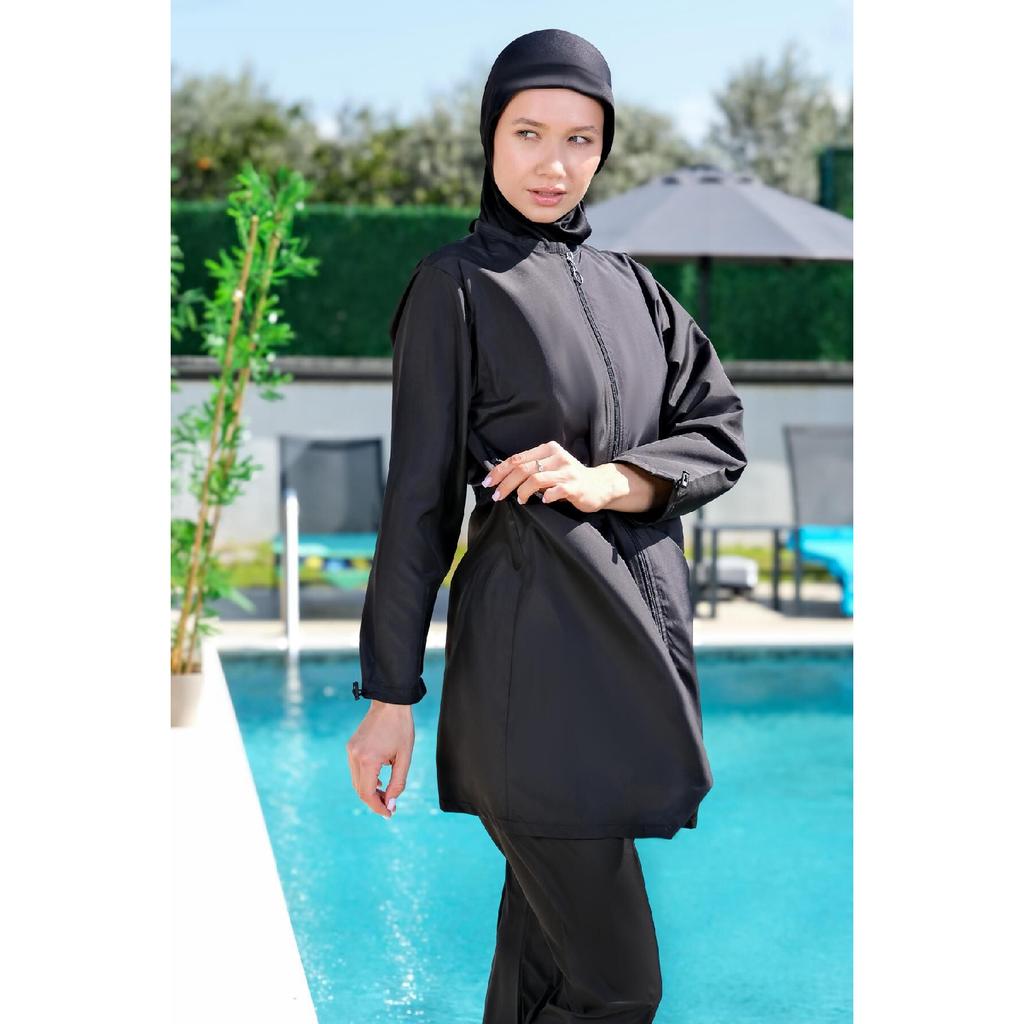 Schwarzer, vollständig bedeckter, wasserabweisender, schnell trocknender Hijab-Badeanzug mit seitlich verstellbarem Reißverschluss