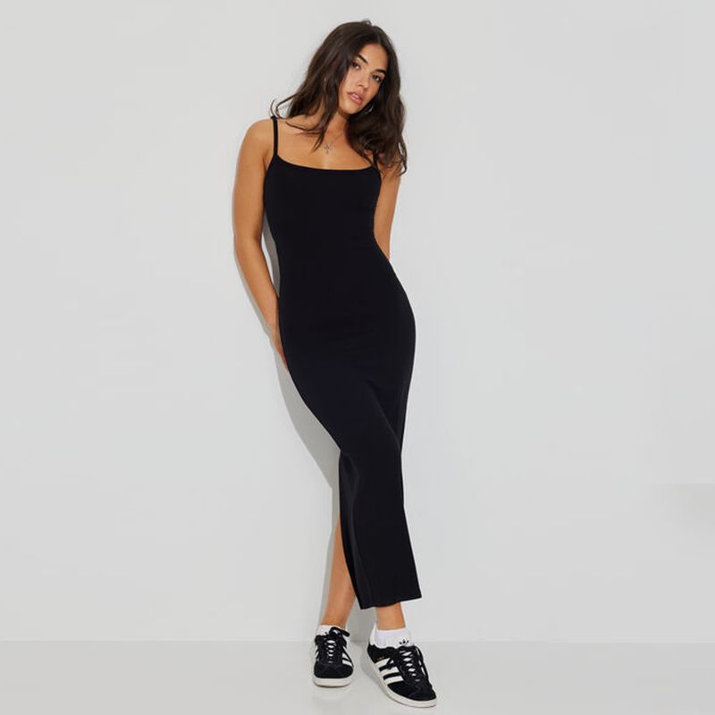 

2025 With Chest Pad Sexy U-Neck Ribbed Stretch Sling Dress Adjustable Shoulder Strap Backless Split Long dress Black S
