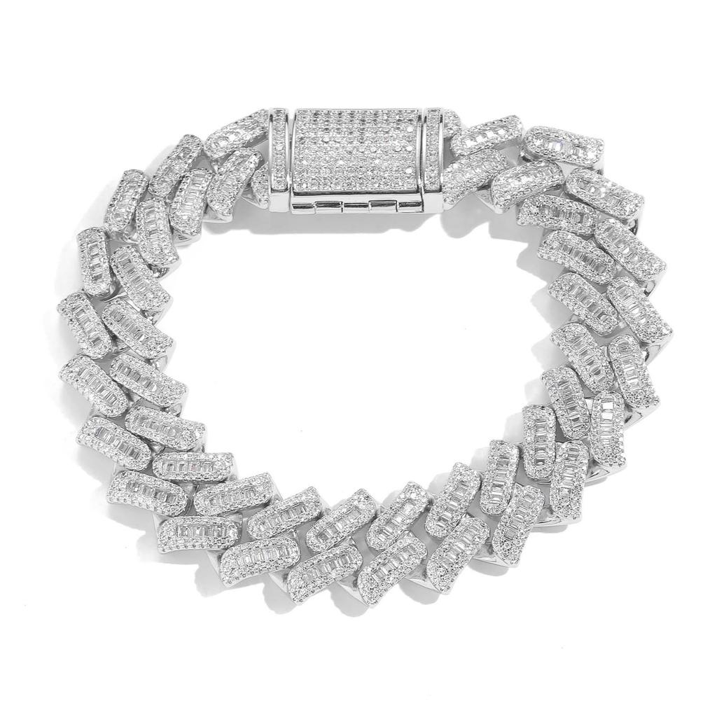 Fashion Hip Hop Jewelry 16mm Wide Iced Out Round and Baguette Zircon Strips Miami Cuban Link Chain Bracelet for Men