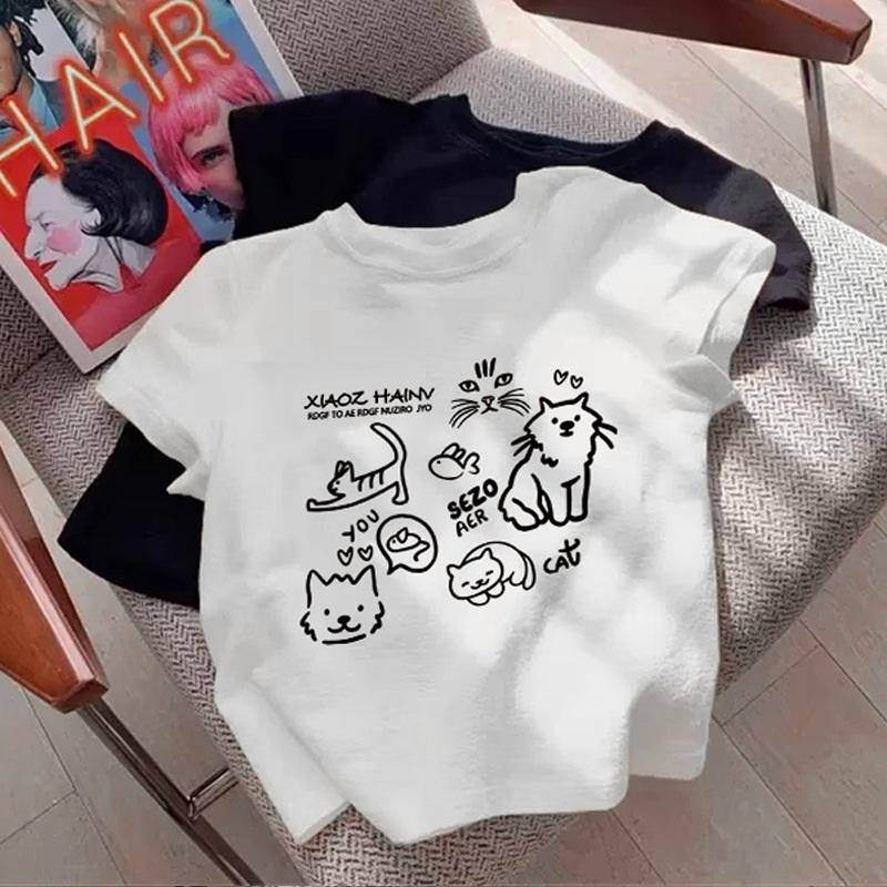 

Women s Casual Cat Print T-Shirt Short Sleeve Crew Neck Loose Fit Tee Top XXL білий