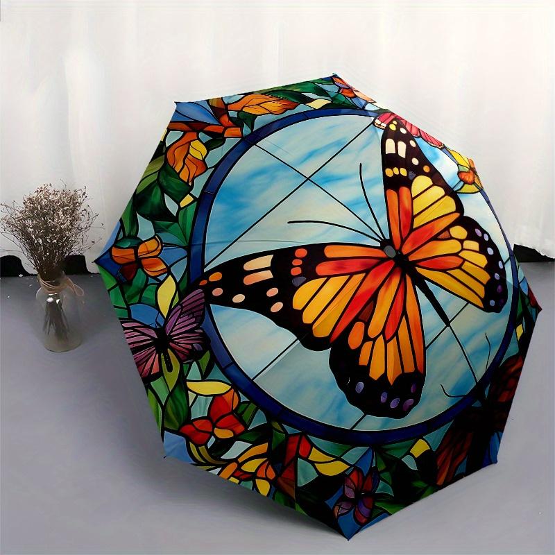 Colorful Butterfly Stained Window PanelUmbrella, Portable 3-Fold Compact Umbrella,Christmas Gift ES535