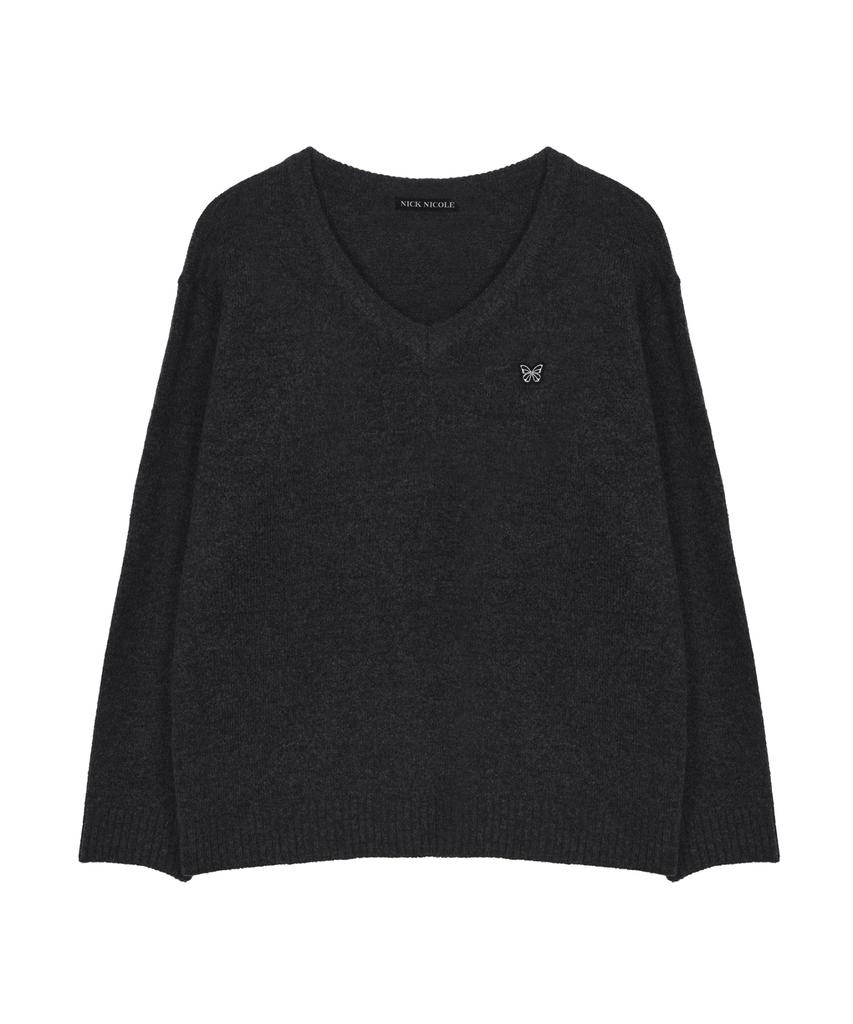 Nigaennikol Butterfly Patch V-Neck Knit_Charcoal