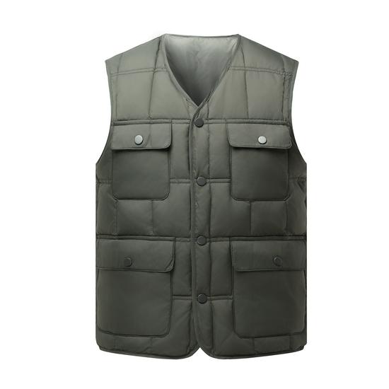 Men's Lightweight Winter Down Vest - Multi-Pocket, Thickened, Warm Workwear for Middle-Aged and Elderly.