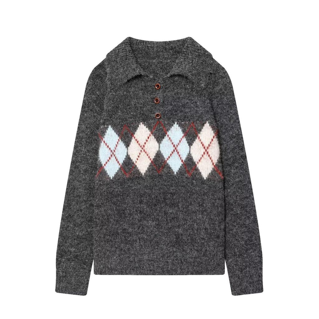 European Women’s Autumn/Winter Diamond Pattern Lapel Knit Sweater