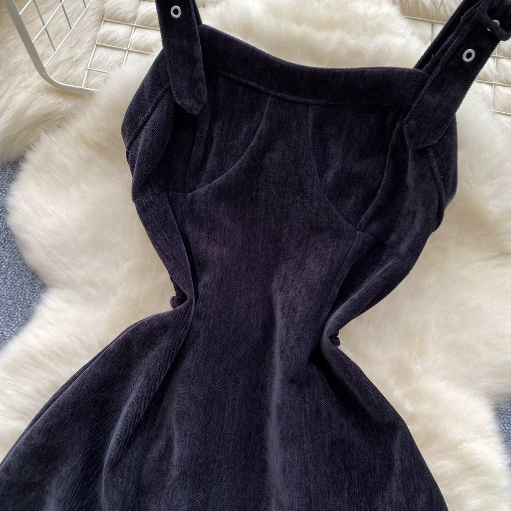 Toamnă Iarnă Anglia Stil Vintage Femei Rochii Midi Lungi din Catifea Cord cu Bretele Spaghetti