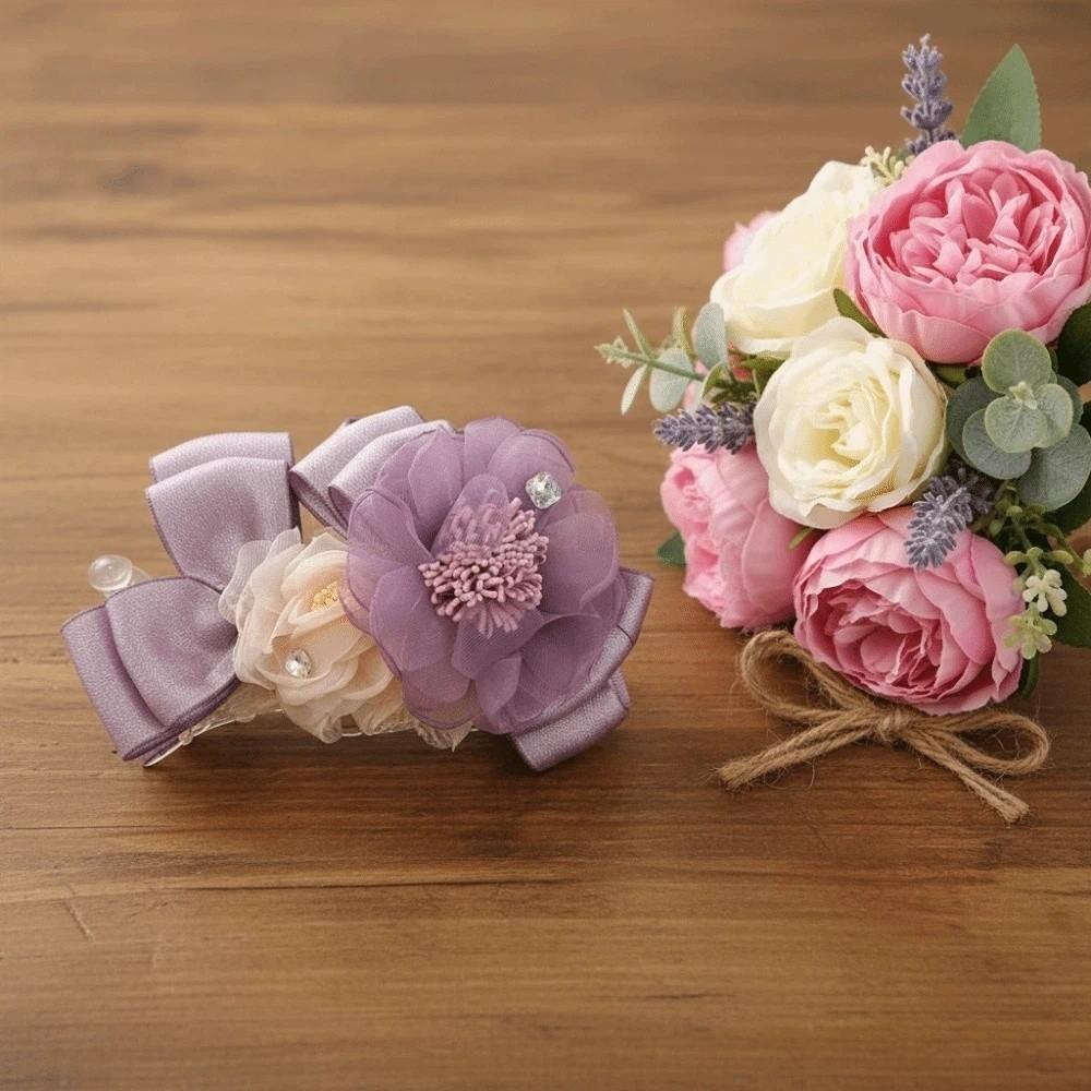 Resin Flower Banana Clip Korean Style Women Ponytail Holder Purple Mesh Vertical Clip Banquet