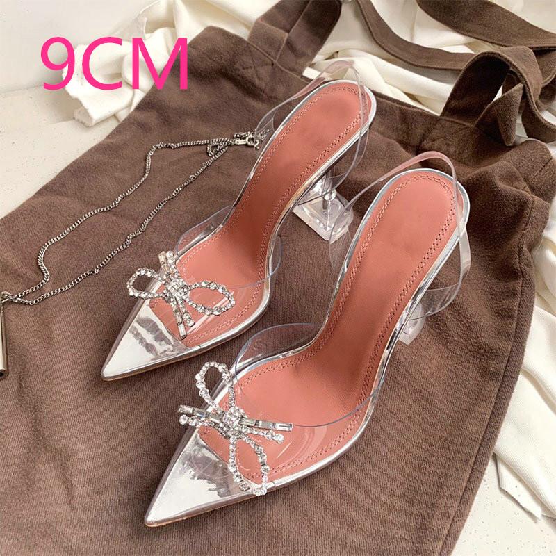 

Fashion 2025 Luxury Style Bowknot Pointed Sandals Female Fairy Wind Net Red Crystal Transparent Rhinestone Stiletto High Heels 34