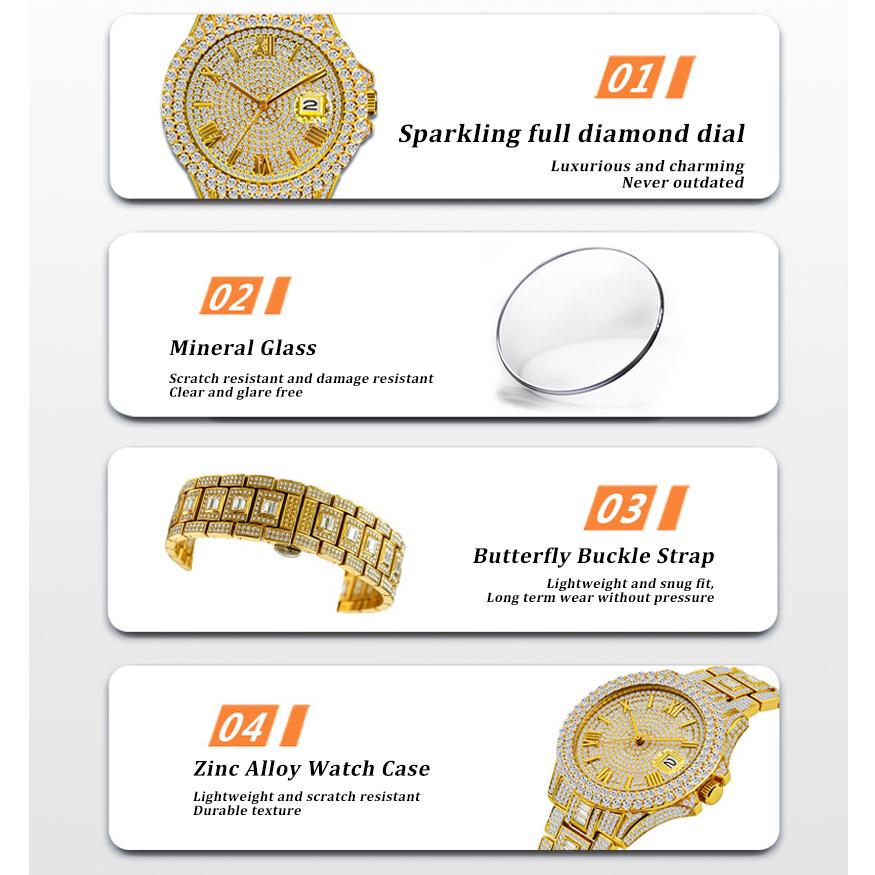 Men Luxury Full Diamond Quartz Watch Roman Numeral Date Display Iced Out Hip Hop Wrist Watch Waterproof