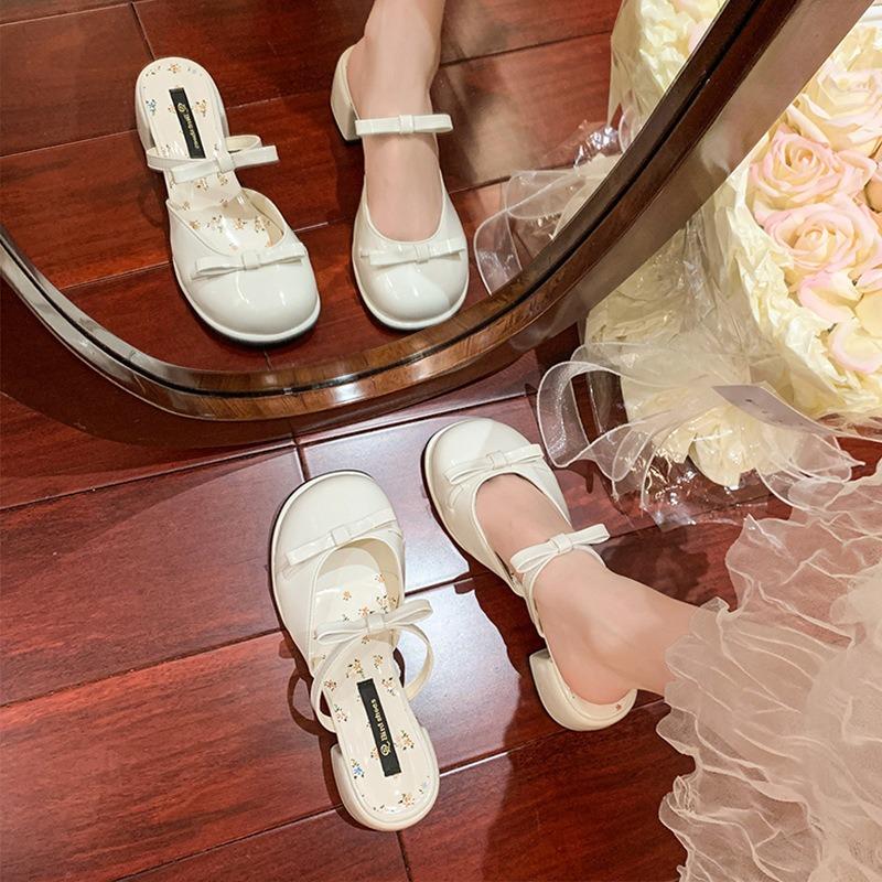 Summer JX New Mid-heeled Slippers Women's Bow Temperament Gentle Floral Bag Head Half Drag