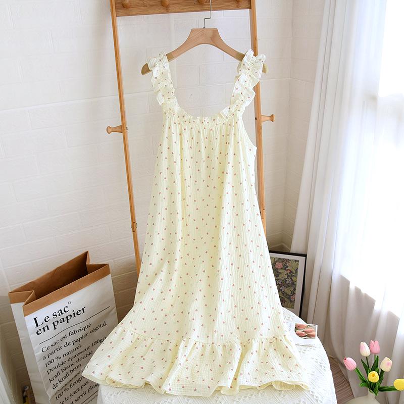 Women's Polka Dot Cotton Gauze Nightdress - Summer Sling, Mid-Length, Sweet & Lovely Pajamas