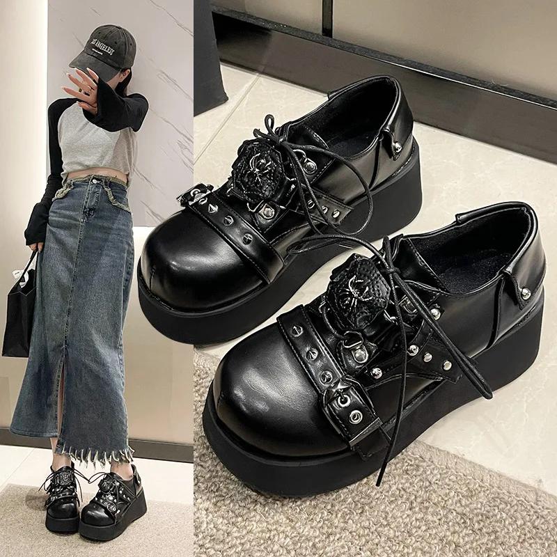 Spice Platform Shoes Punk Black Lace-up Platform Shoes Goth Women's Shoes Round Head Jk Small Leather Children
