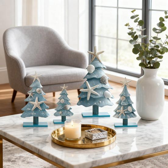 4Pcs/Set Blue Coastal Christmas Tree Ornaments Wooden Ocean-Themed Table Centerpieces Xmas Party Figure Home Decor