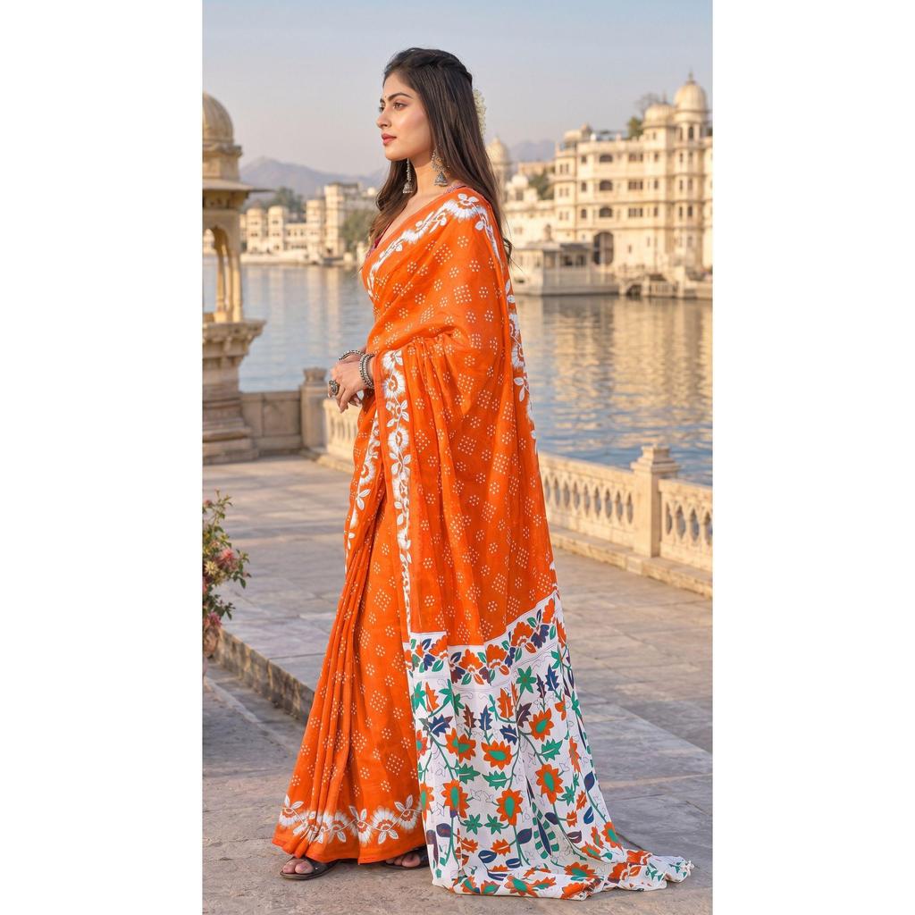 Chunri Hand Block Print Mulmul Cotton Saree – Traditional Elegance with Luxurious Comfort