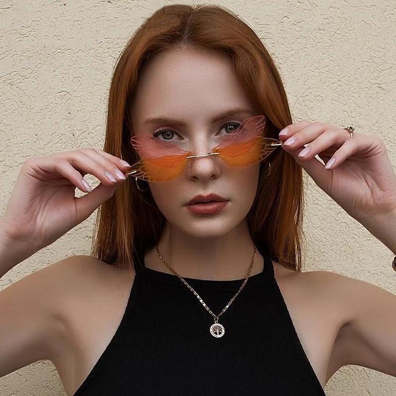 Modische Schmetterlings-Sonnenbrille, randlose Libellenflügel-Sonnenbrille für Damen, Vintage, klare Ozeanlinse, Brillen, Fahrradbrille, UV400