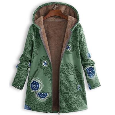 Women Casual Coats Warm Hoodie Long Sleeve Zipper Pocket Floral Fleece Vintage Jacket Manteaux Dames