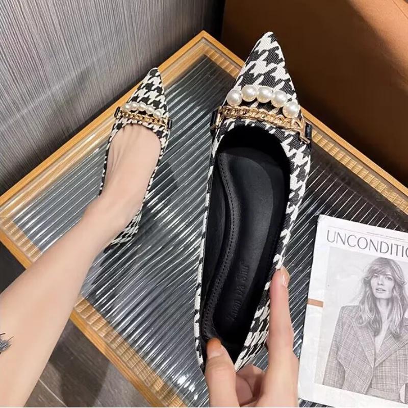 Fashion Office Pearl Chain Gingham Flat Pointed Toe Women's Shoes Ladies Footwear Flats Non Slip Korean Style Y2k Lastest on Spring Sale