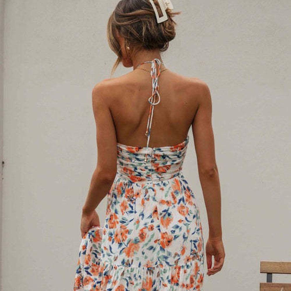 Damen V-Ausschnitt Sommerkleidung A-Linie Langes Blumen-Halterkleid Neckholder Mutter Kleidung Party Tutu Kleid für Damen